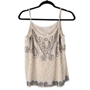 Willow & Clay Tan Black & White Beaded Sequin Floral Top Size Small New with tag